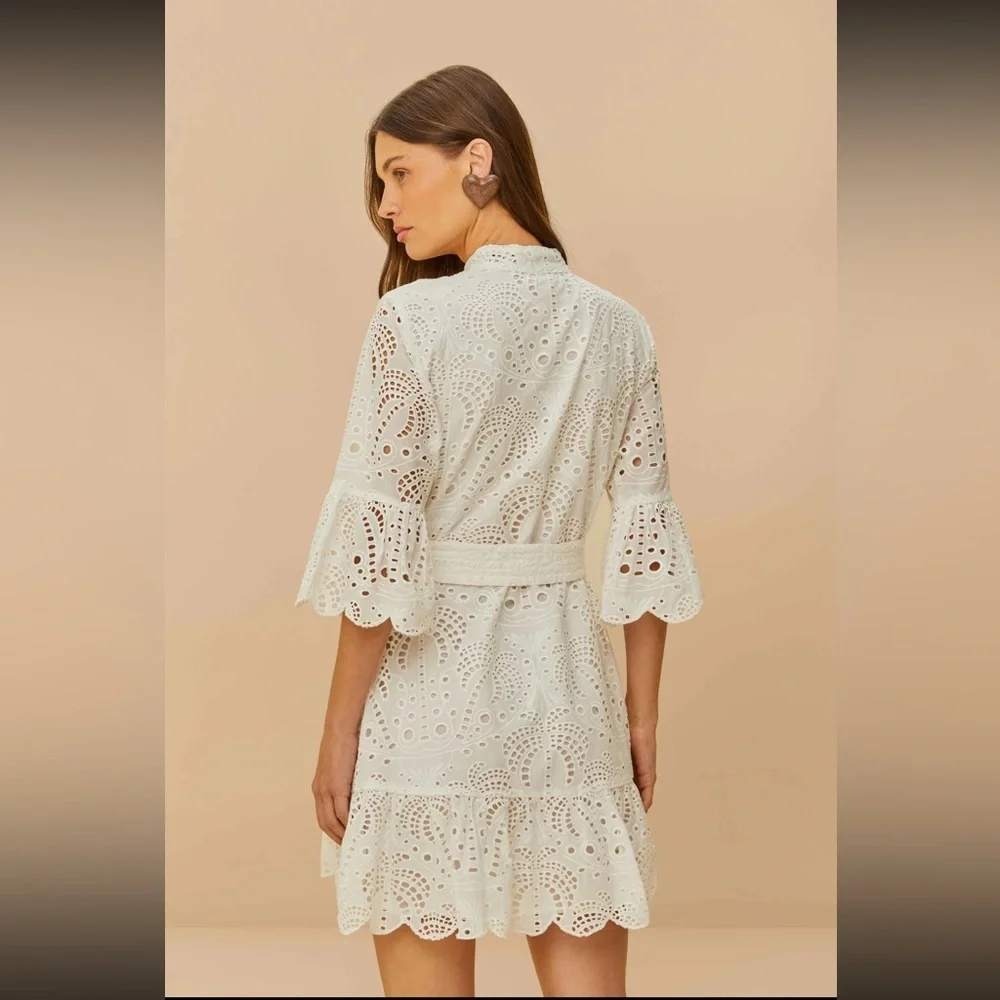 Farm Rio White Richelieu Eyelet Belted Mini Dress XS Embroidered Boho Ruffle - Picture 4 of 12